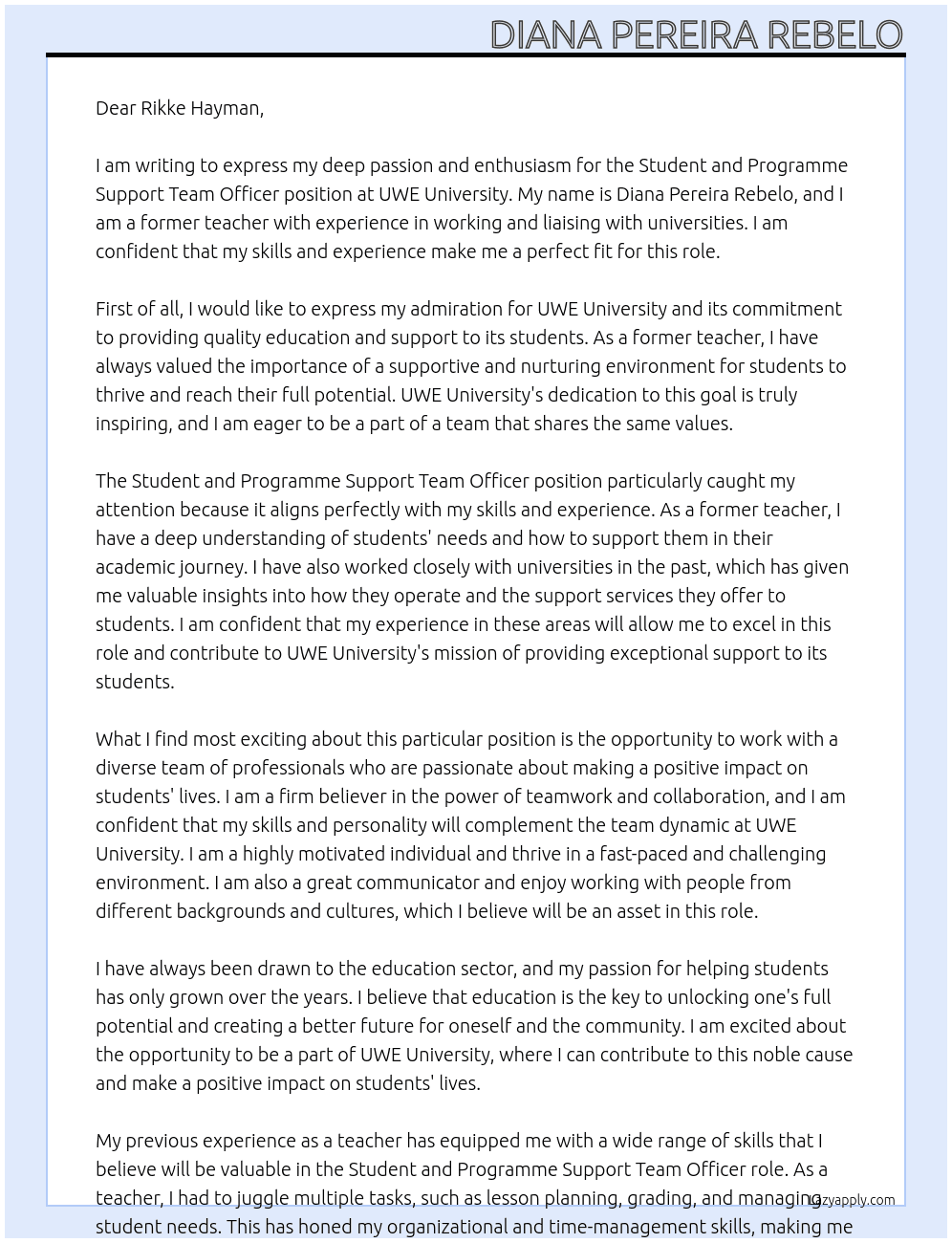 Student and Programme Support Team Officer At UWE University  Cover Letter