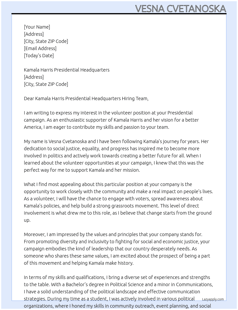 Volunteer At Presidential campaign Cover Letter