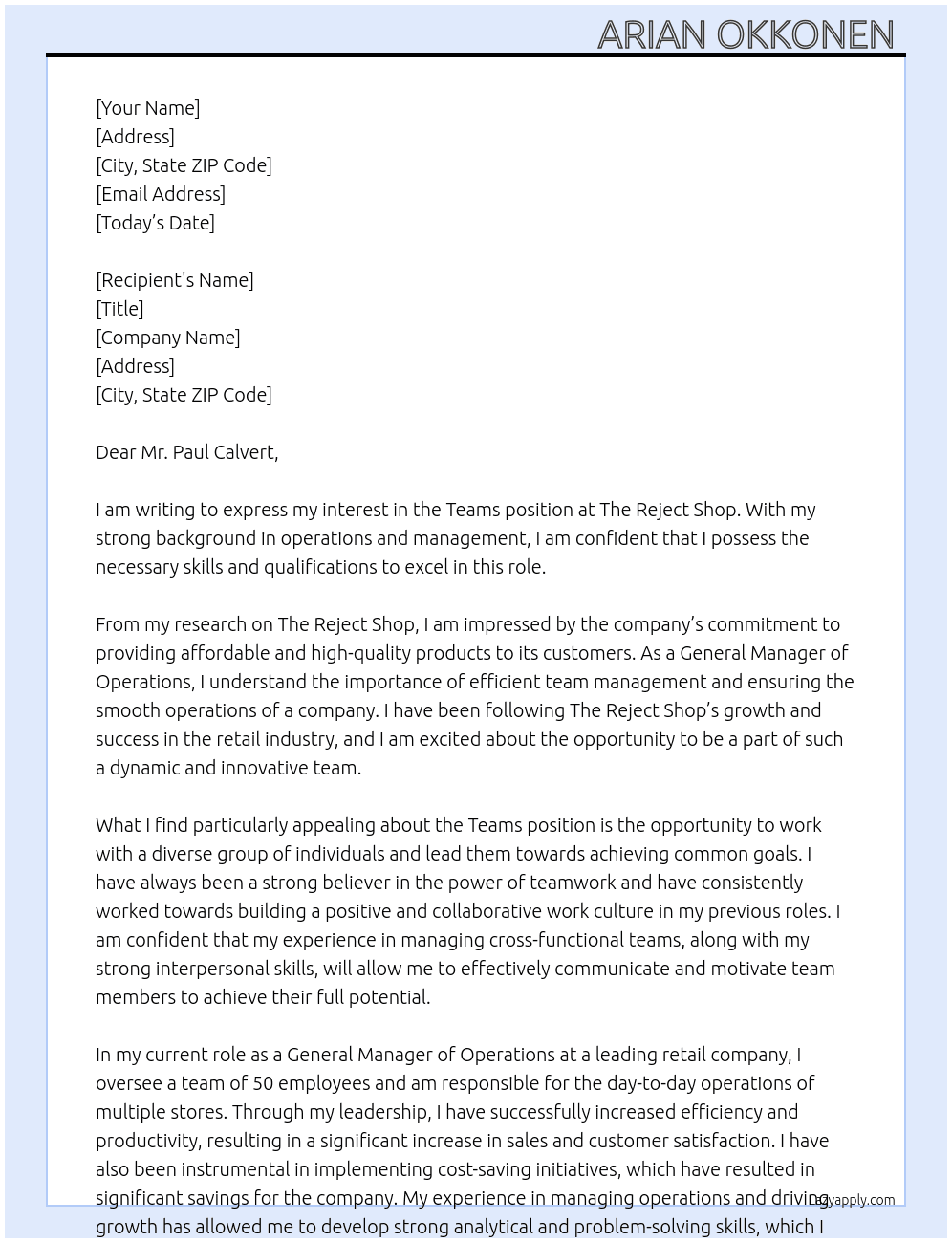 Teams  At The Reject Shop  Cover Letter