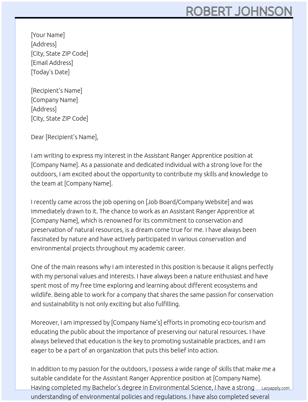 Assistant Ranger Apprentice At NT Cover Letter