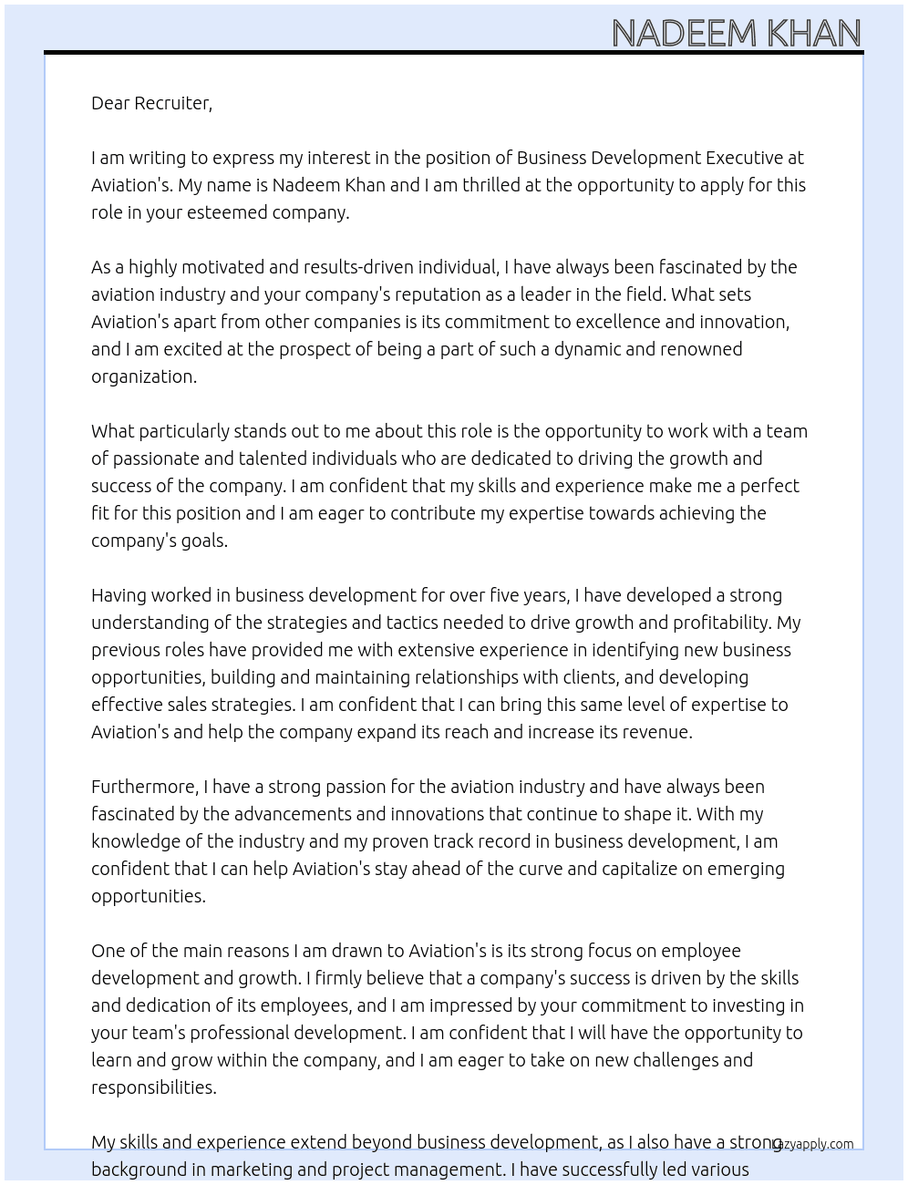 business development executive At Aviation's  Cover Letter