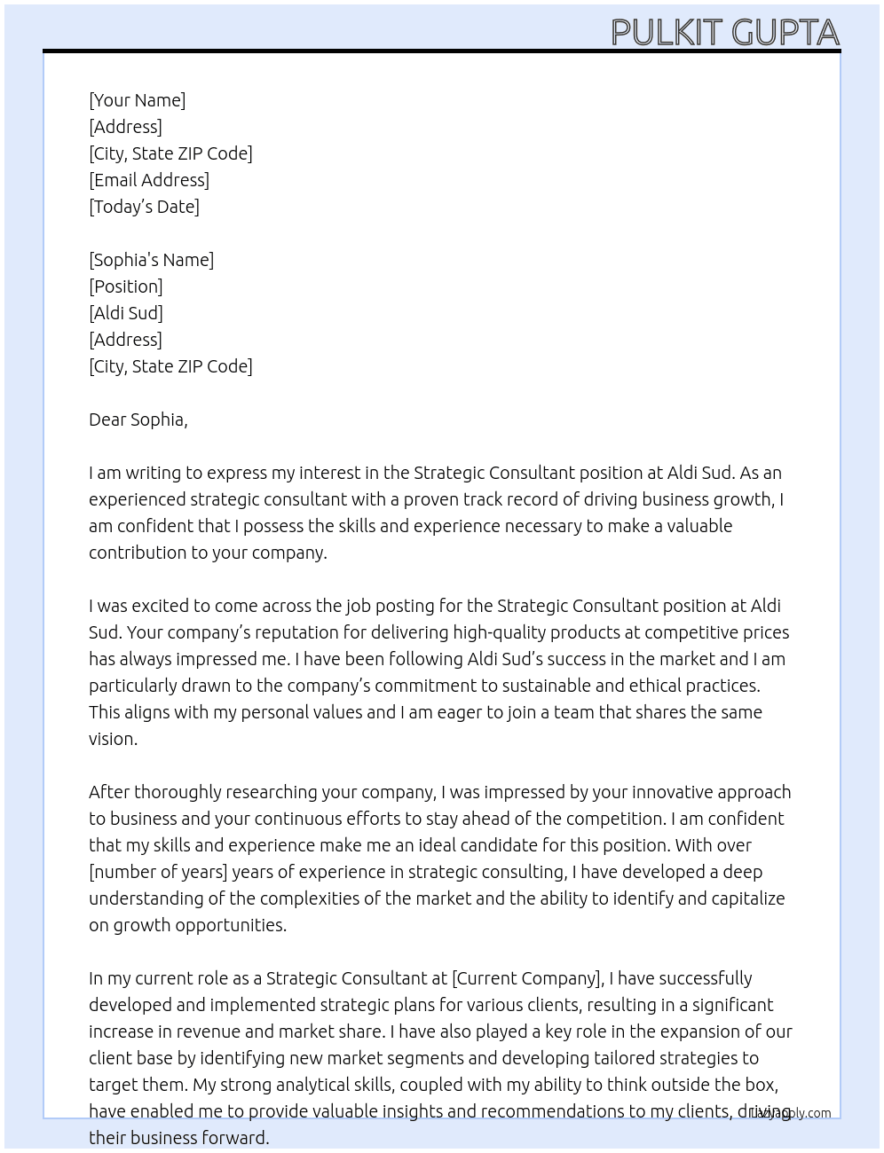 Strategic Consultant At Aldi Sud Cover Letter
