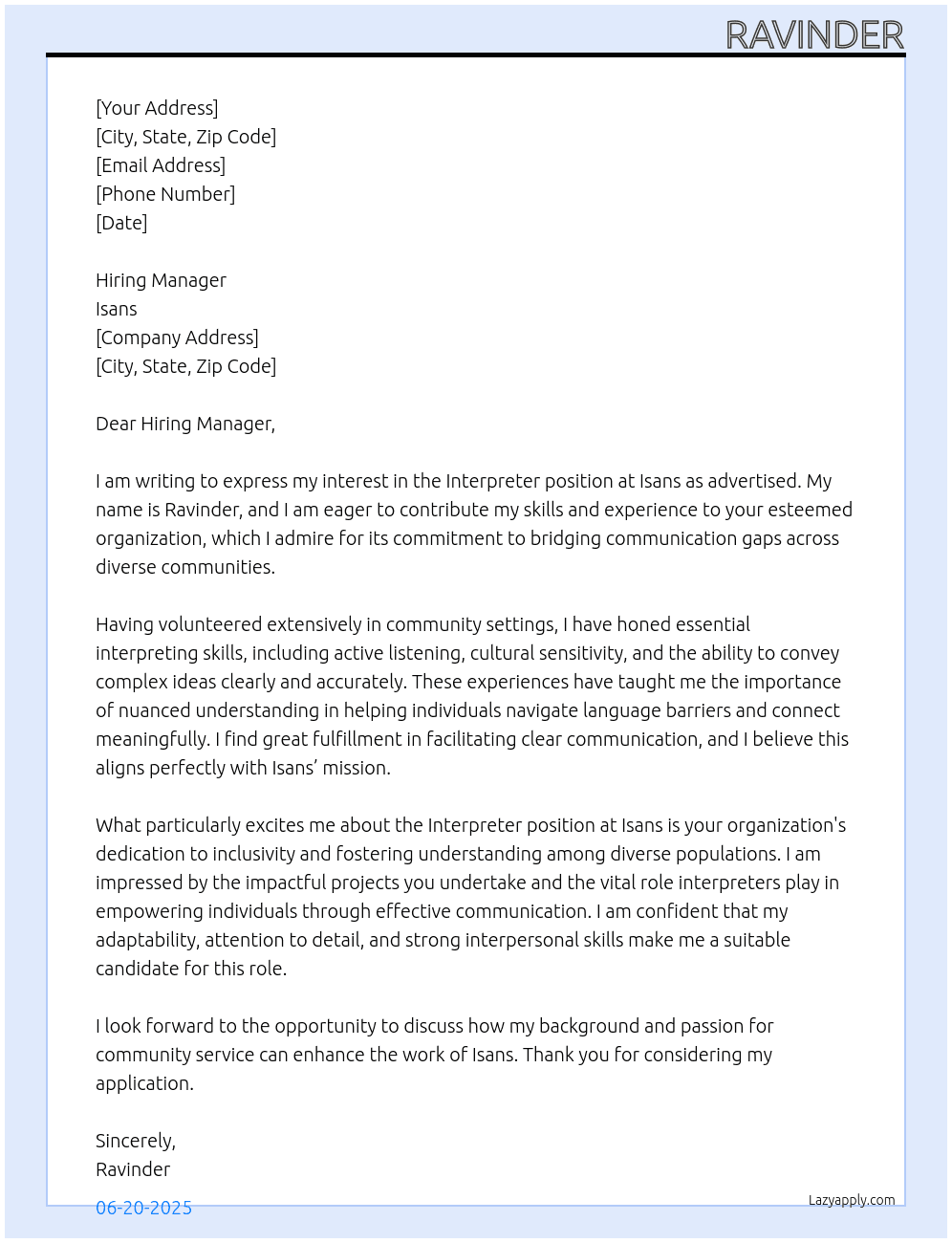 Interpreter  At Isans Cover Letter