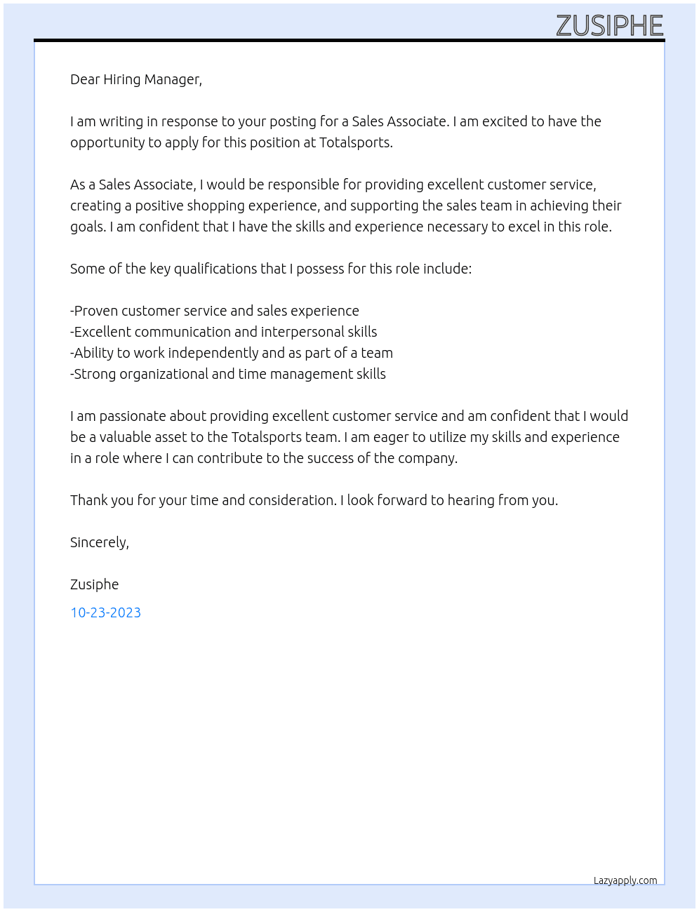 Sales associate At Totalsports Cover Letter