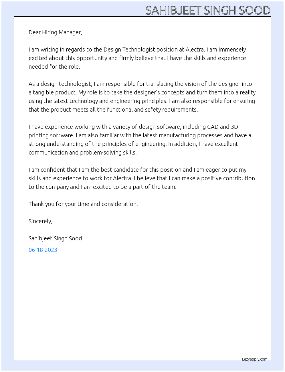 Design Technologist At ALECTRA Cover Letter