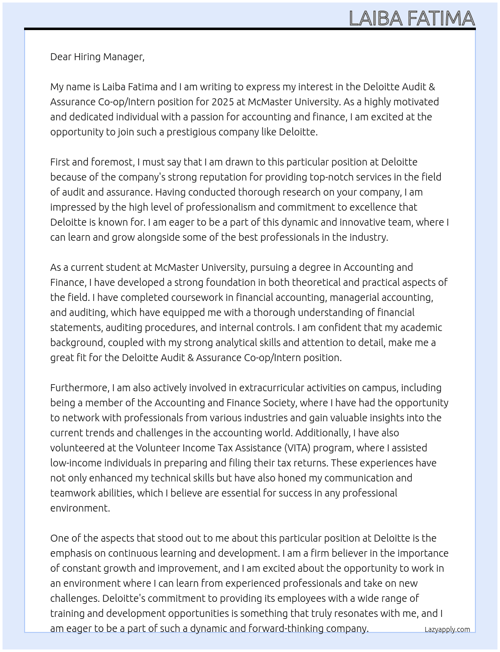 Deloitte Audit & Assurance - Co-op/Intern 2025  At McMaster University Cover Letter