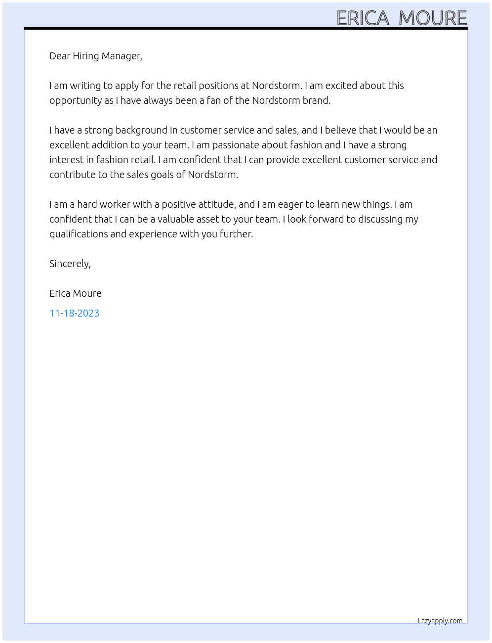 Retail positions At Nordstorm Cover Letter