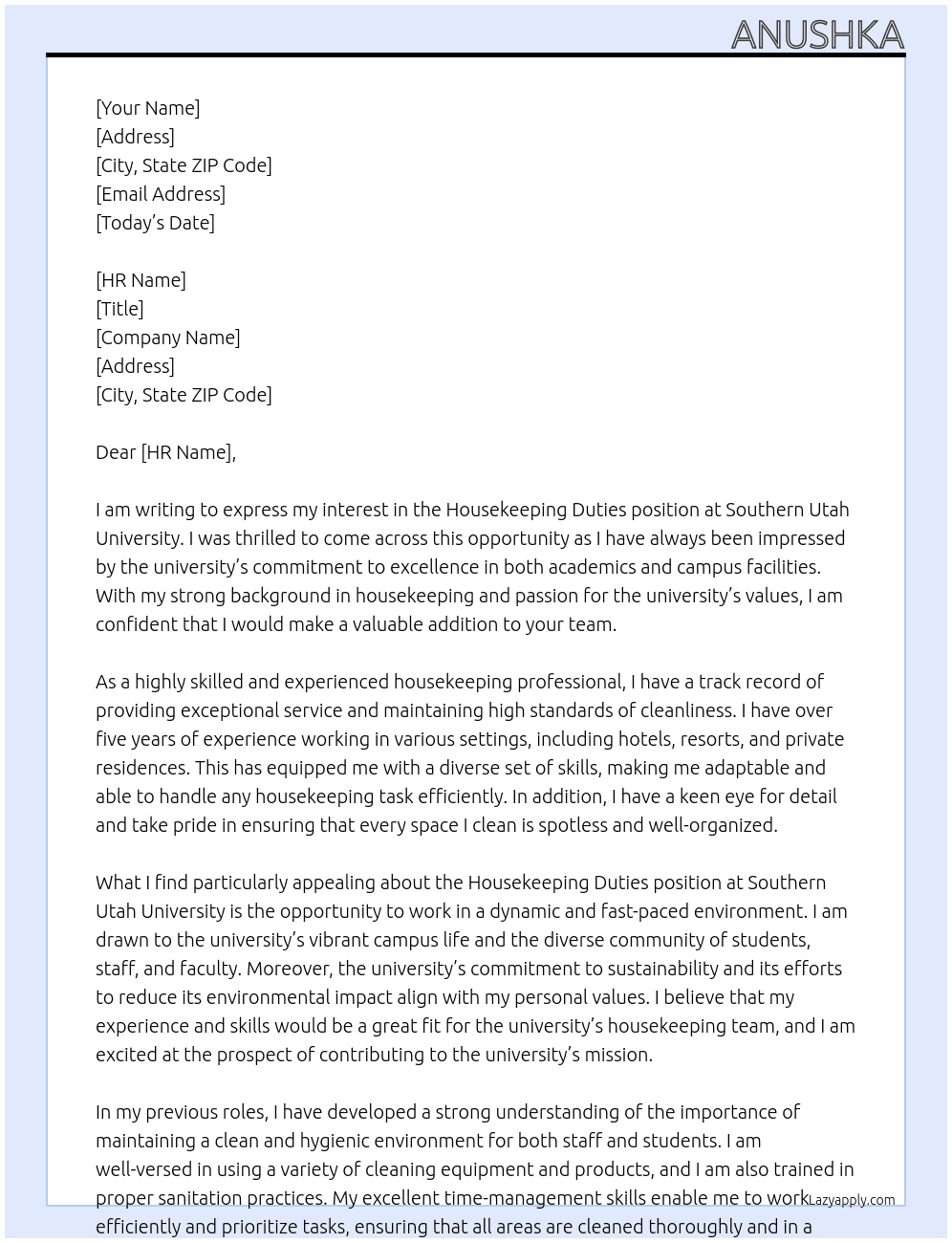 Cover letter for housekeeping duties - LazyApply