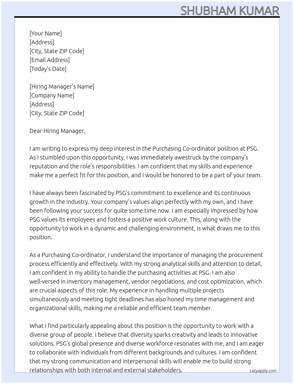 Purchasing Co-ordinator  At PSG Cover Letter