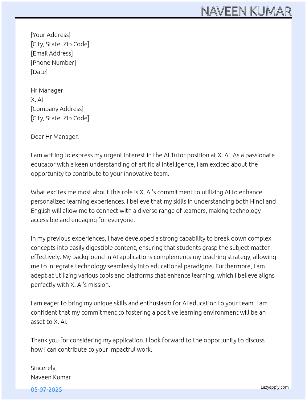 Ai tutor At X. Ai Cover Letter