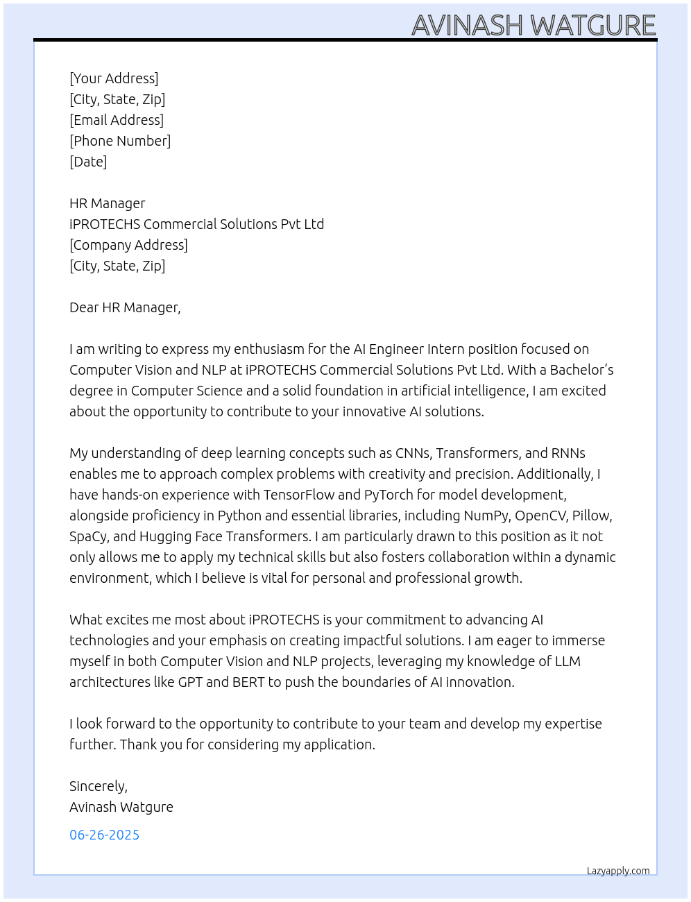 AI Engineer Intern(Computer Vision & NLP) At iPROTECHS Commercial Solutions Pvt Ltd  Cover Letter