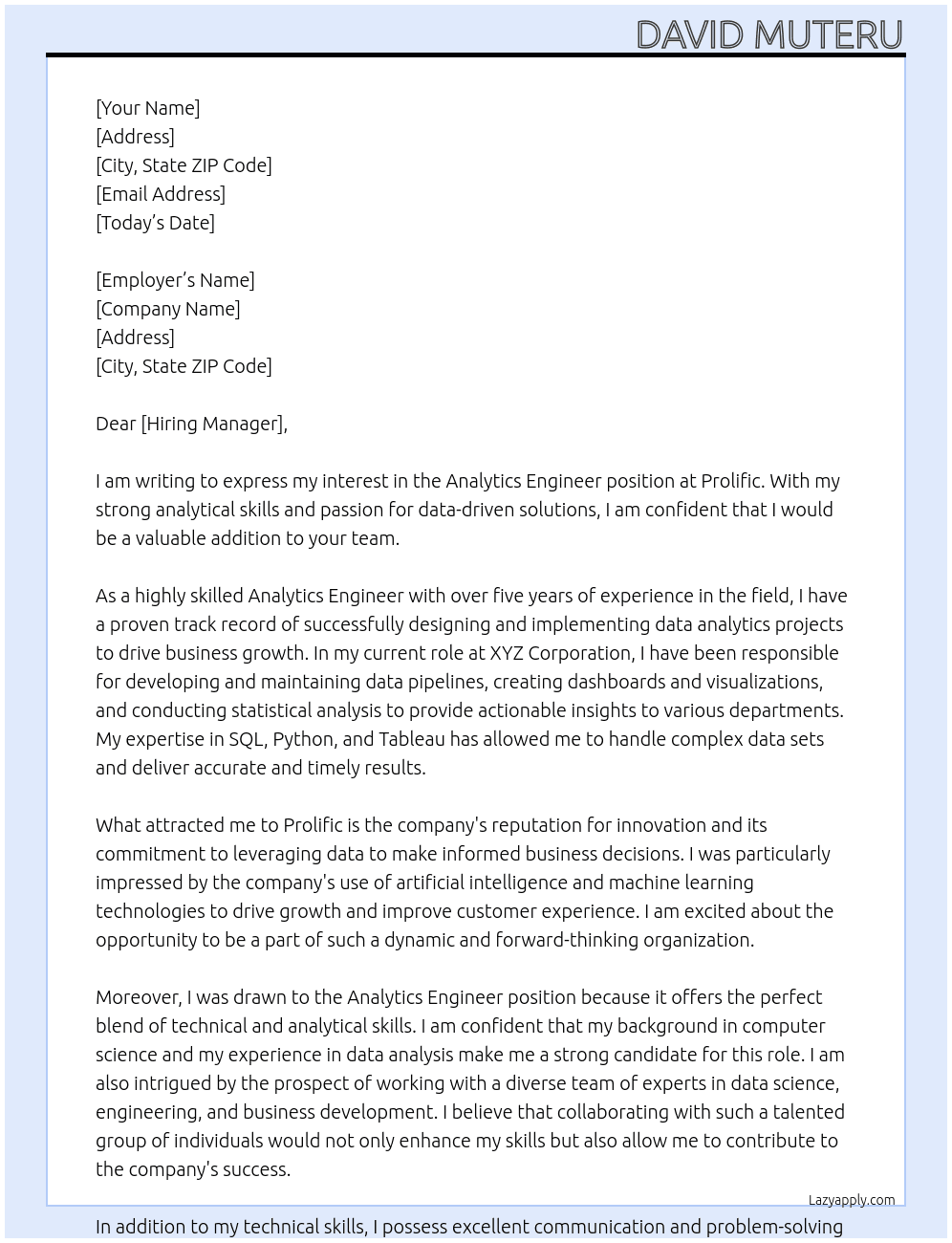 Analytics Engineer At Prolific Cover Letter