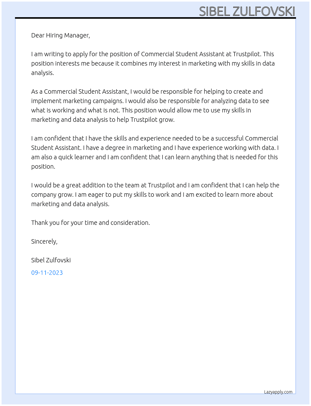 Commercial Student Assistant At Trustpilot Cover Letter