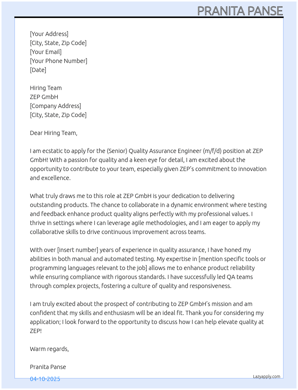 (Senior) Quality Assurance Engineer (m/f/d) At ZEP GmbH Cover Letter