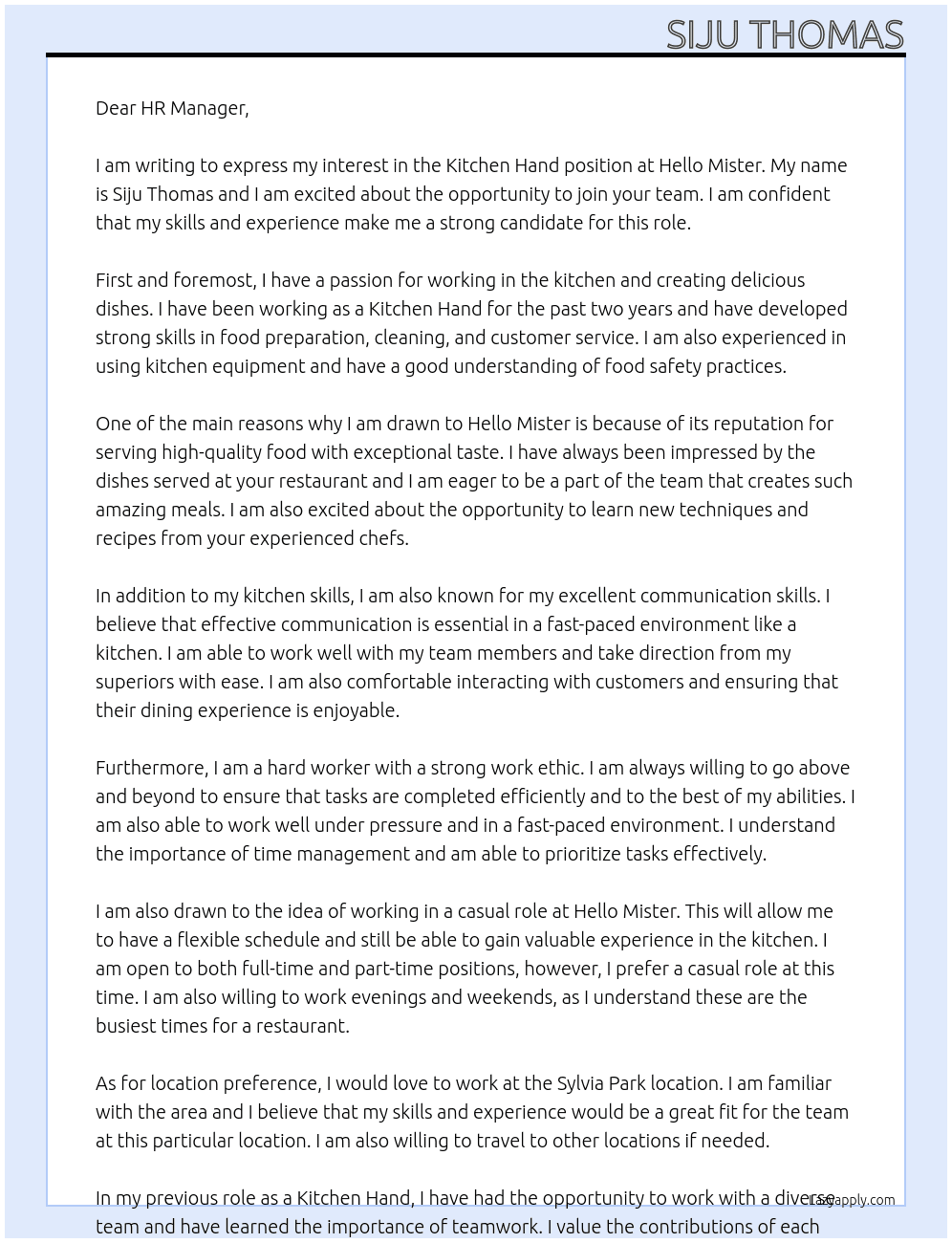 Kitchen hand At Hello Mister Cover Letter
