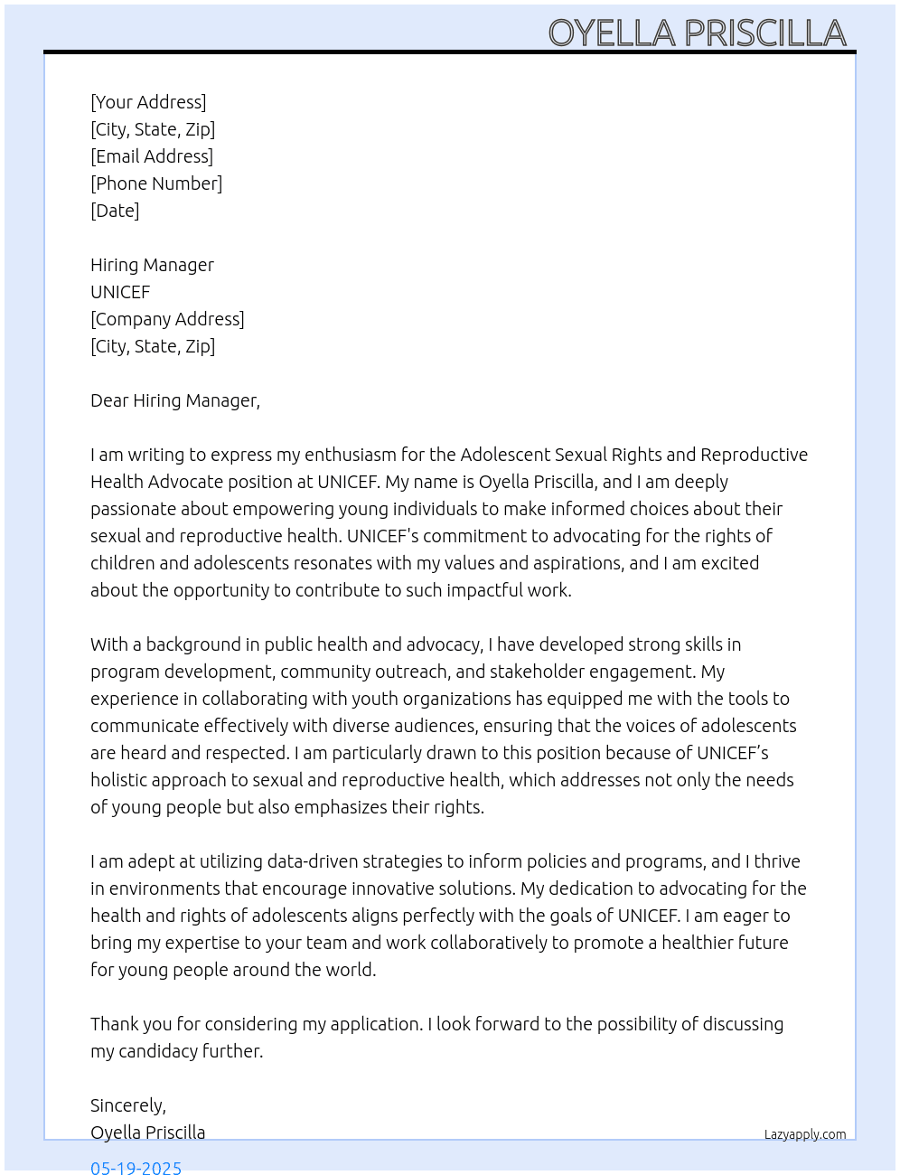 Cover letter for adolescent sexual rights and reproductive health advocate - LazyApply
