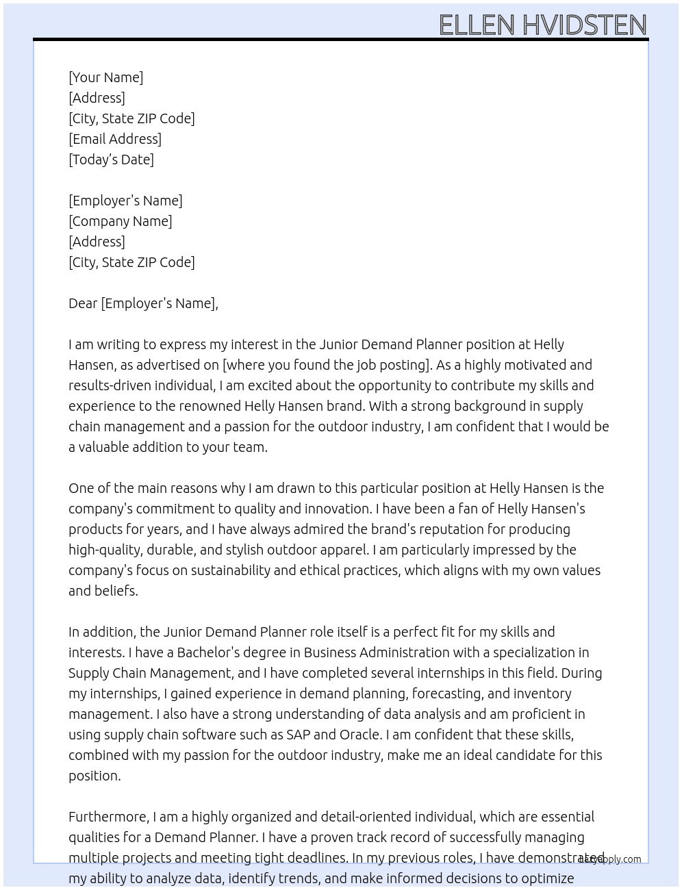 Junior Demand Planner At Helly Hansen Cover Letter