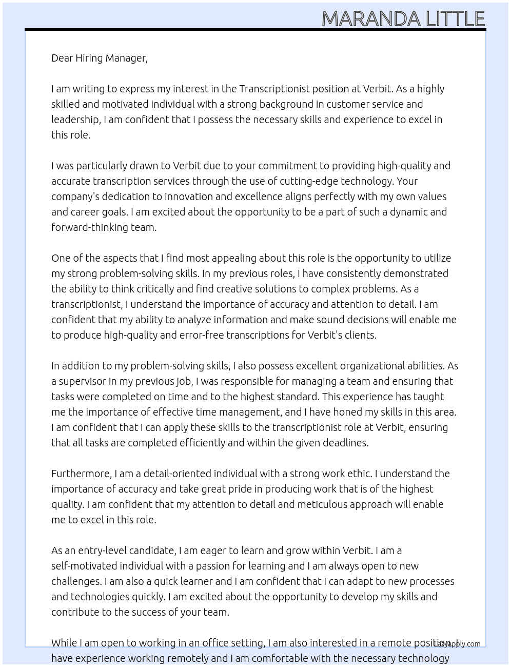 Transcriptionist At Verbit Cover Letter