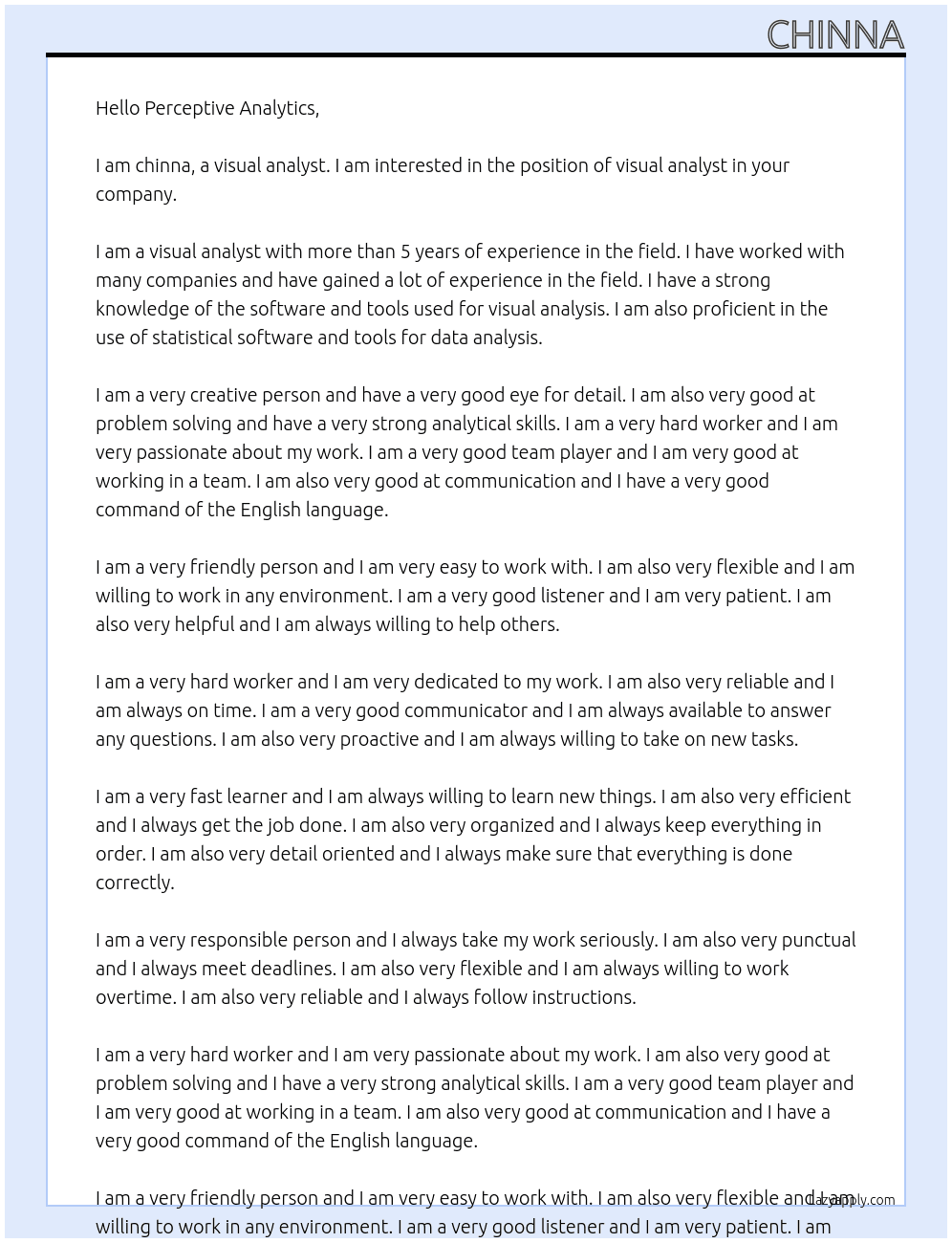 visual analyst At perceptive analytics Cover Letter