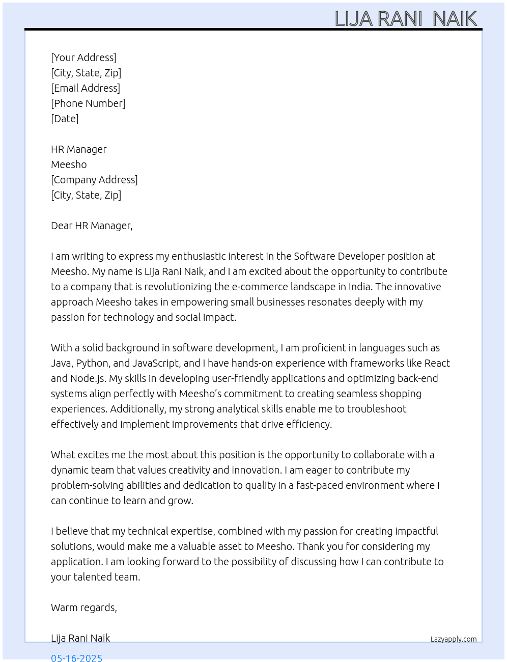SOFTWARE DEVELOPER At meesho Cover Letter