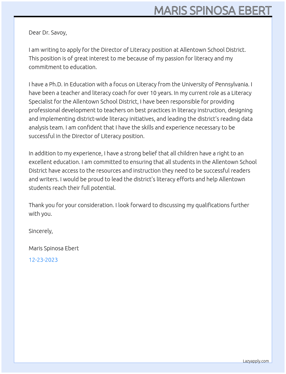 Director of literacy At Allentown School District  Cover Letter
