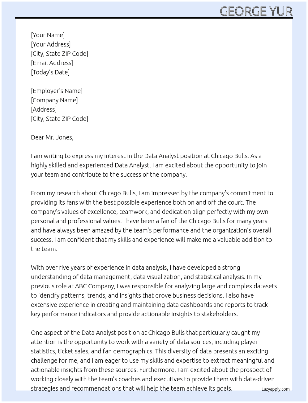 Data Analyst At Chicago Bulls Cover Letter