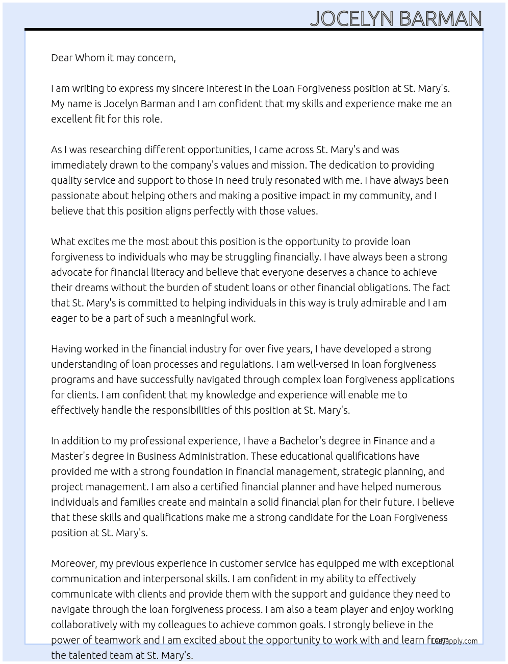 Loan Forgiveness At St. Mary's Cover Letter