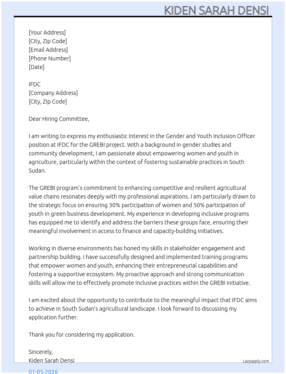 Gender and Youth Inclusion  At Personal  Cover Letter