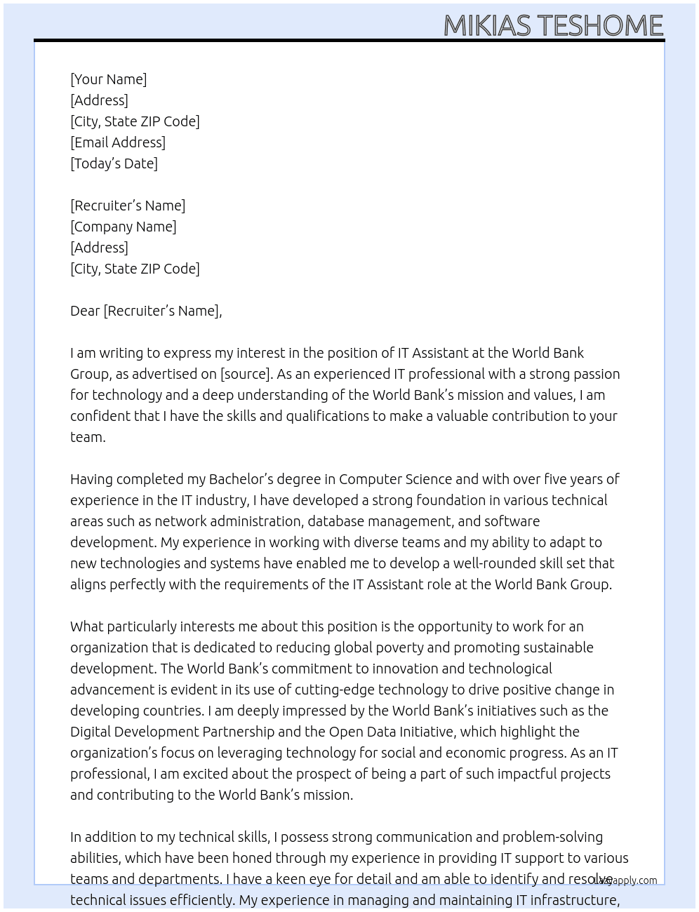IT Assistant At World Bank Group Cover Letter