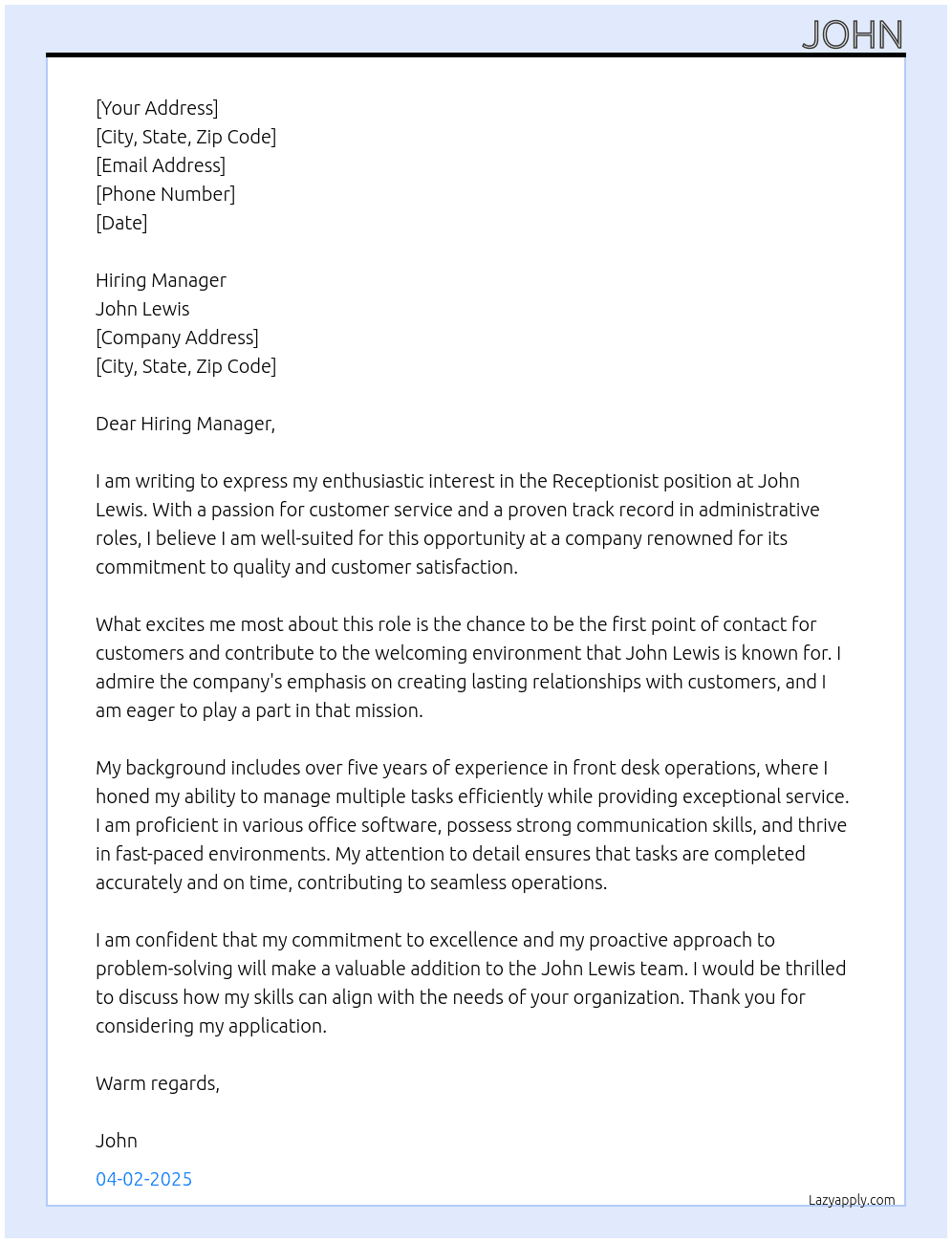 Receptionist At John lewis  Cover Letter