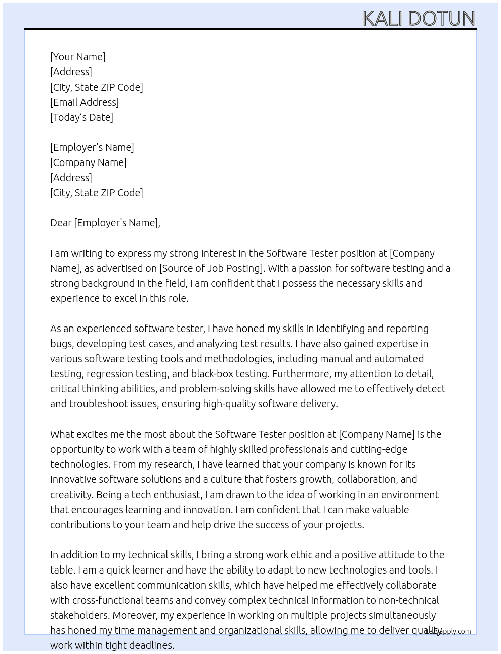 software tester At tester Cover Letter