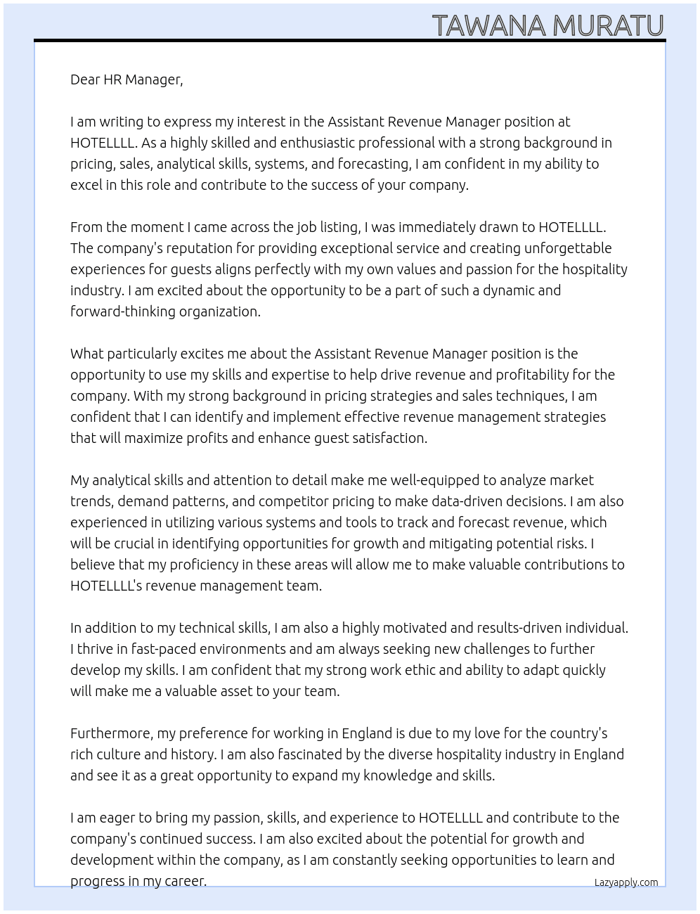 Assistant Revenue Manager  At HOTELLLL Cover Letter