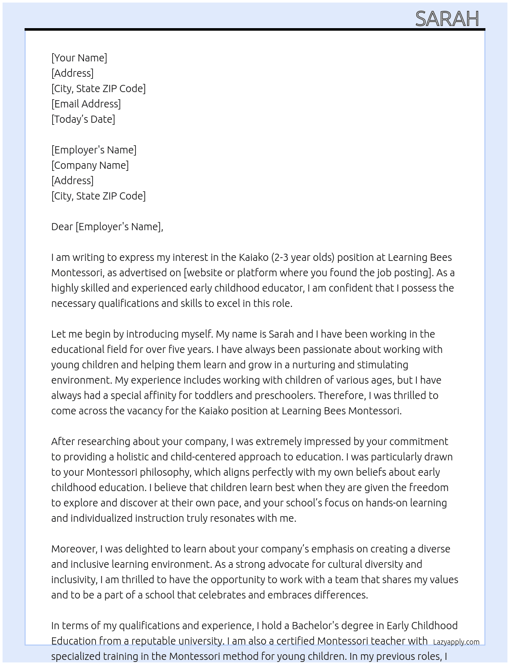 Kaiako (2-3 year olds) At Learning Bees Montessori Cover Letter