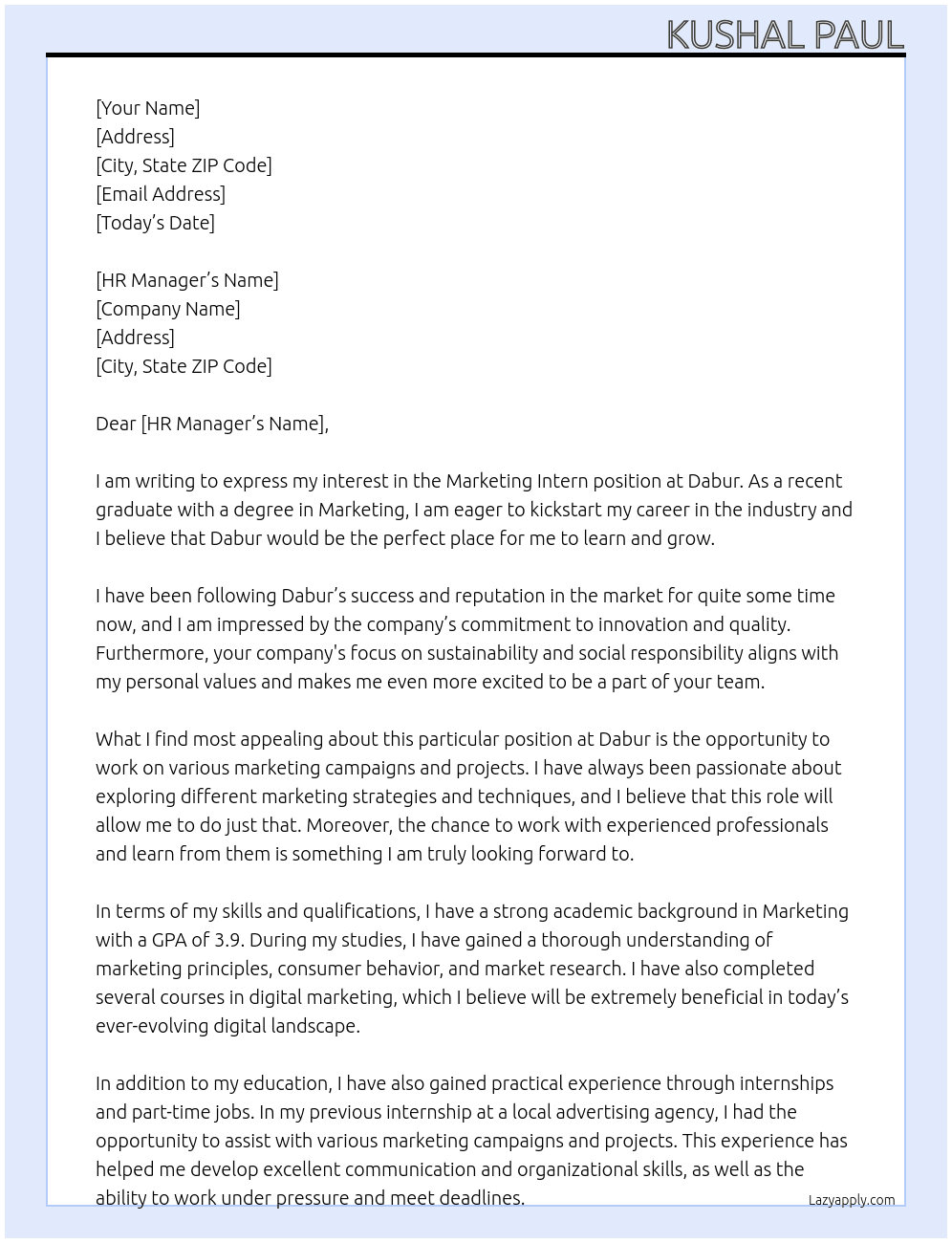 Marketing Intern At Dabur Cover Letter