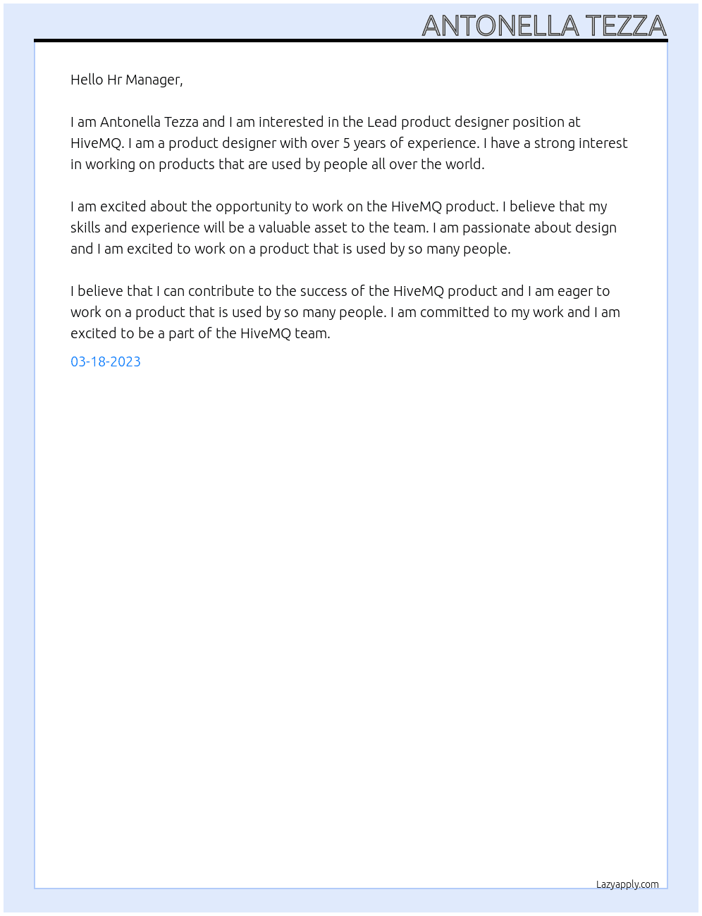 Lead product designer  At HiveMQ Cover Letter