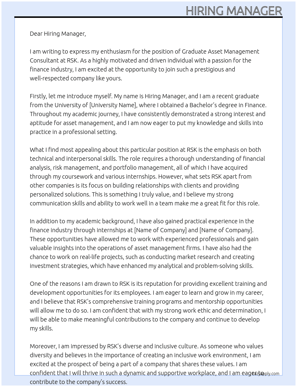 Graduate Asset Management Consultant At RSK Cover Letter