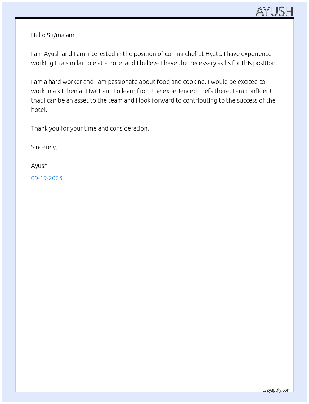 Commi chef At Hyatt  Cover Letter