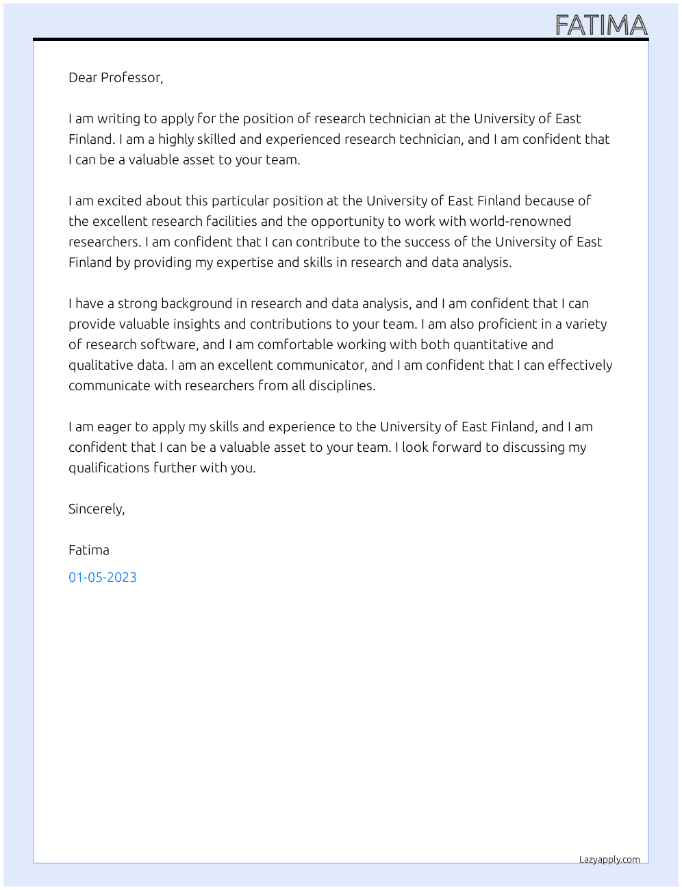Research technician At UNIVERSITY OF EAST FINLAND Cover Letter
