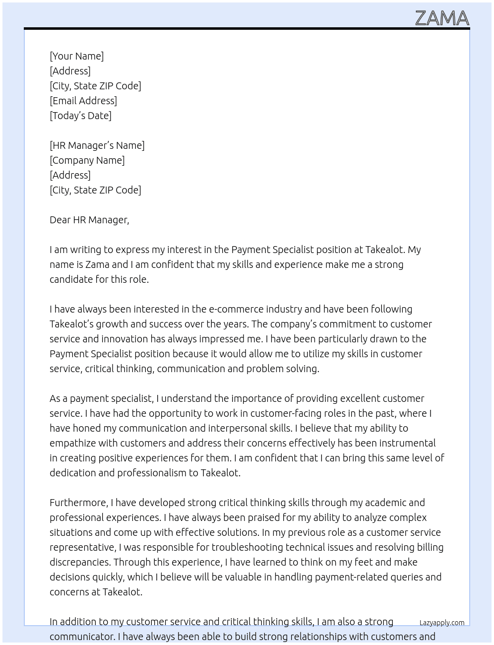 Payment Specialist  At Takealot Cover Letter