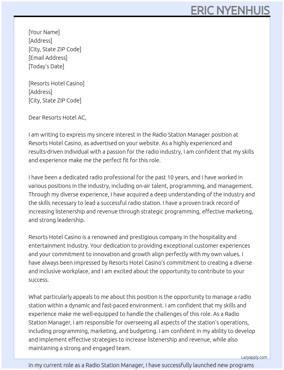 Radio Station Manager At Resorts Hotel Casino Cover Letter
