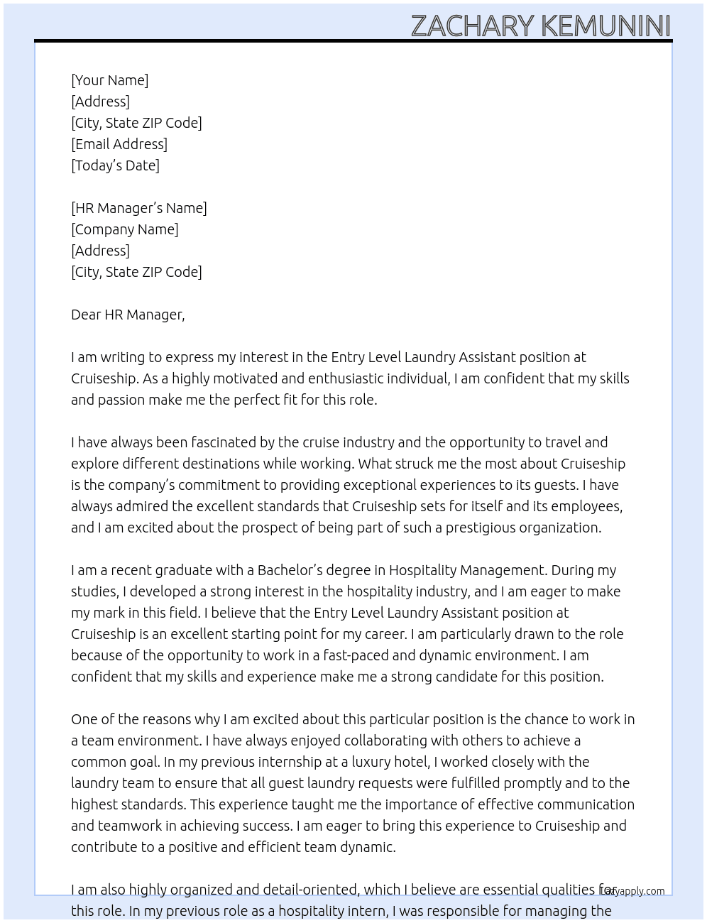 entry level laundry assistant At cruiseship Cover Letter
