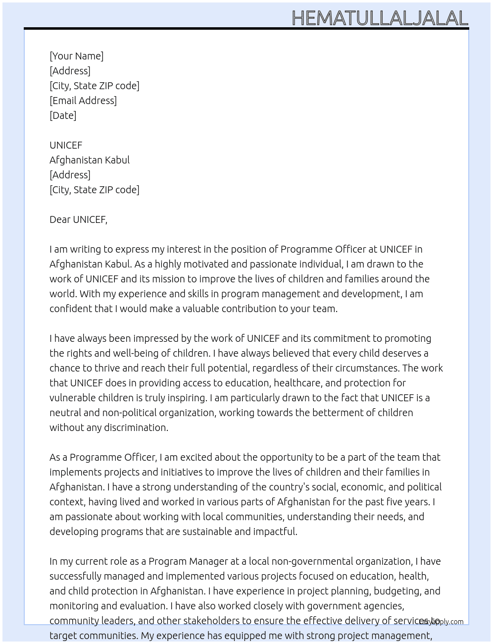 Programme Officer At Afghanistan kabul Cover Letter