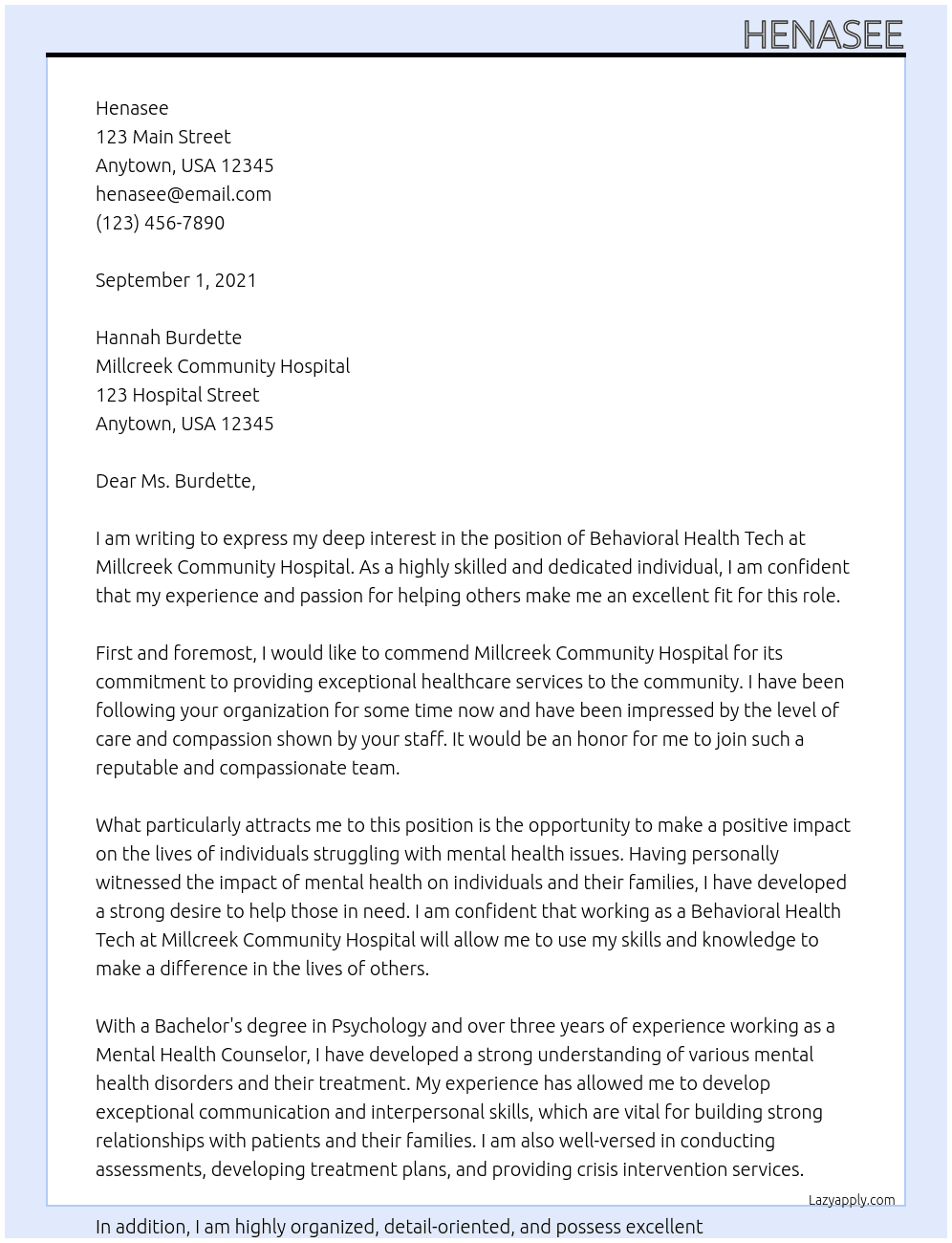 Behavioral Health Tech At Millcreek Community Hospital Cover Letter