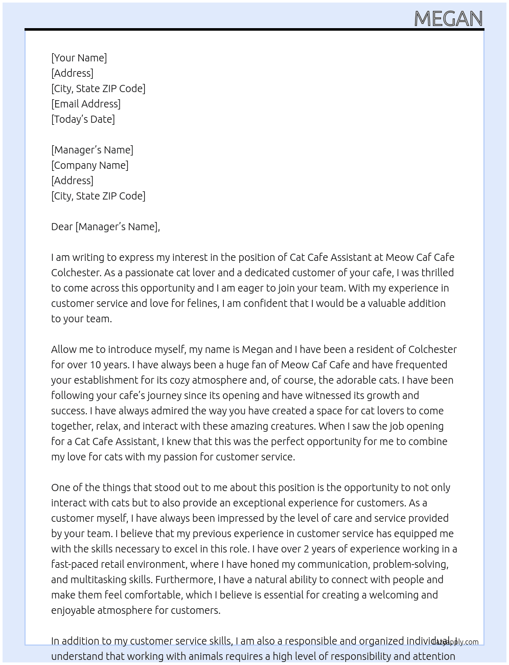 Cat Cafe Assistant At Meow Caf Cafe Colchester Cover Letter