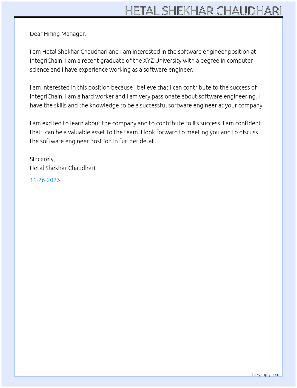 software Engineer At  IntegriChain Cover Letter