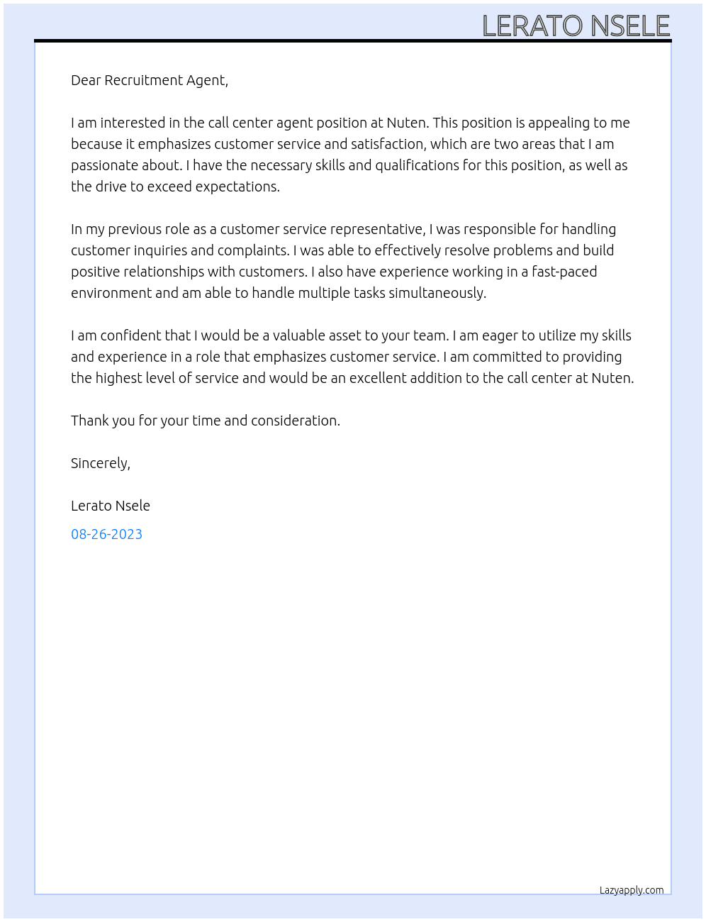 Call center agent  At Nuten Cover Letter