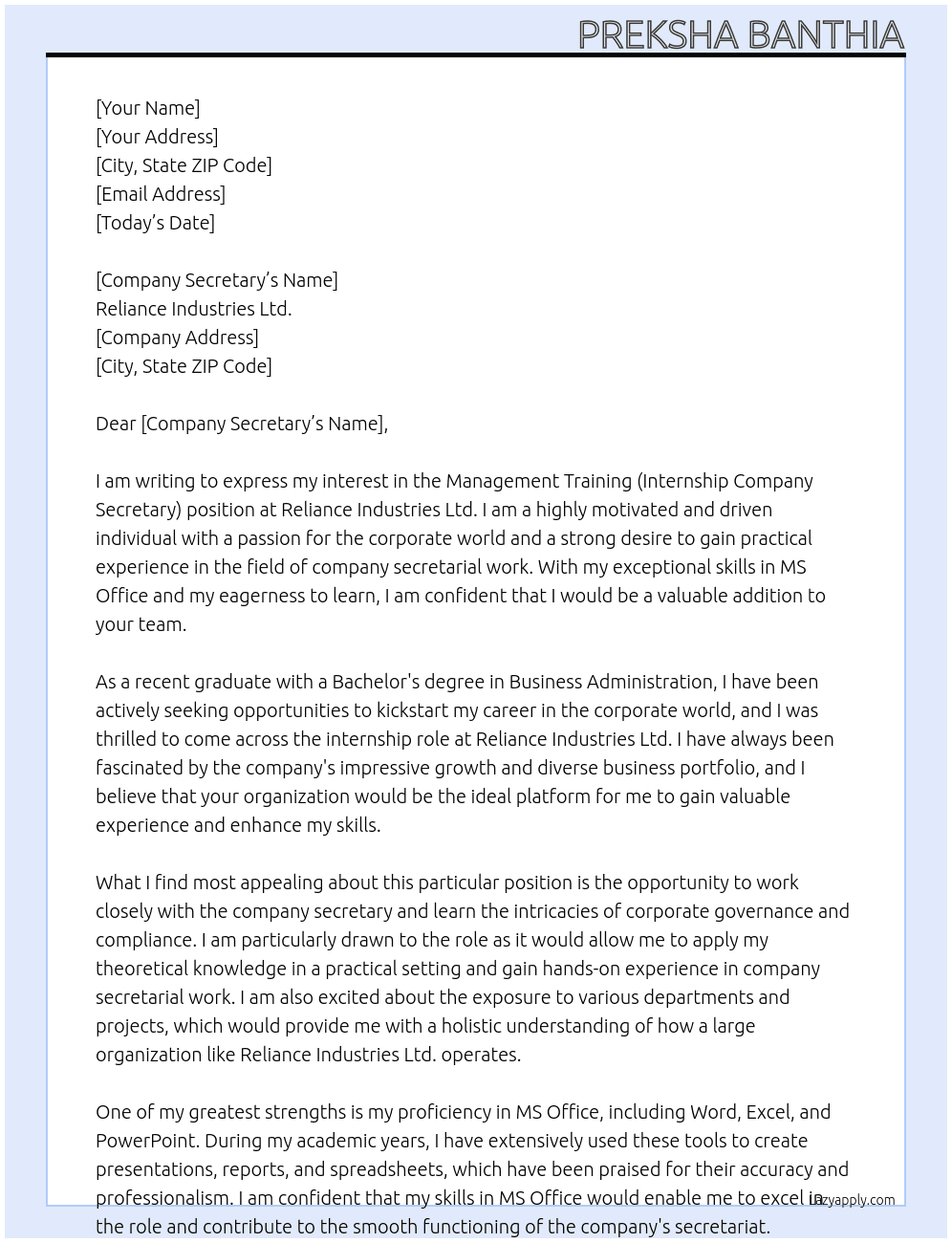Management Training (Internship Company Secretary) At Reliance Industries Ltd.  Cover Letter