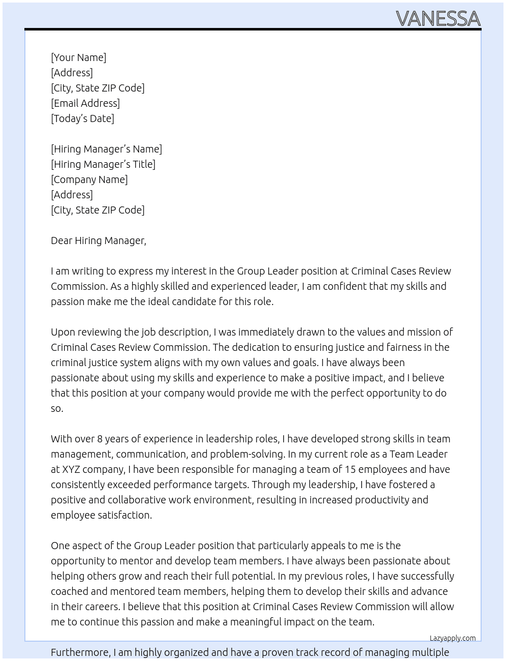Group Leader At Criminal Cases Review Commission Cover Letter