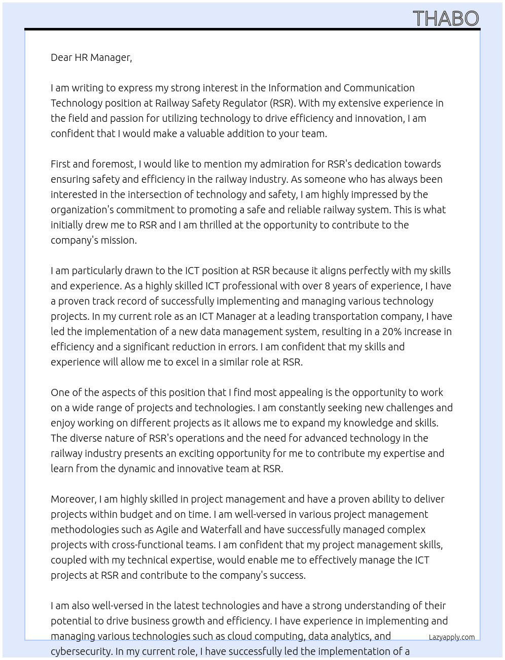 Information and Communication Technology At Railway Safety Regulator (RSR Cover Letter
