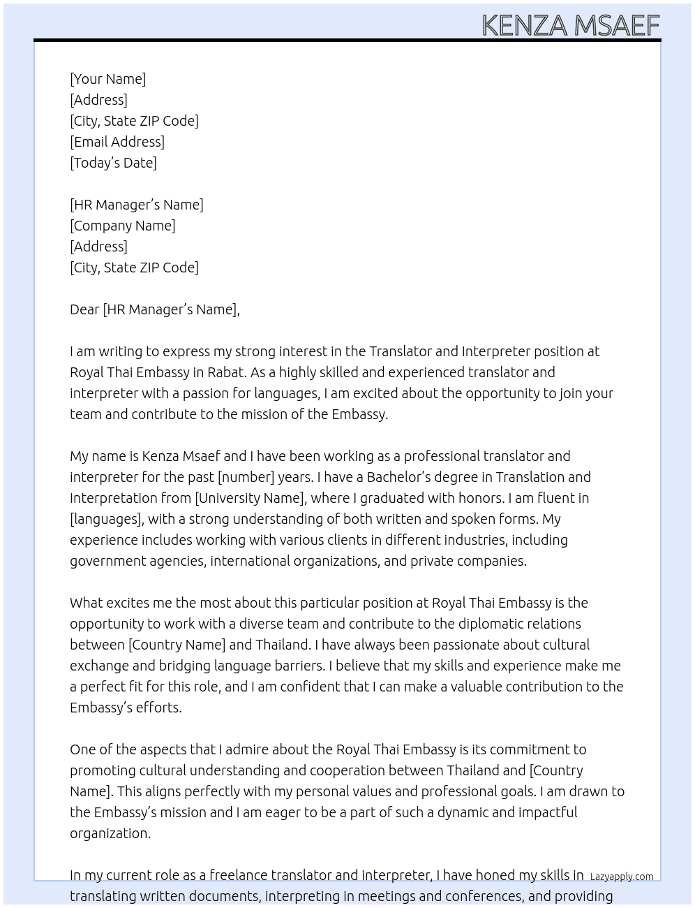 Translator and Interpreter At Royal Thai Embassy in Rabat Cover Letter